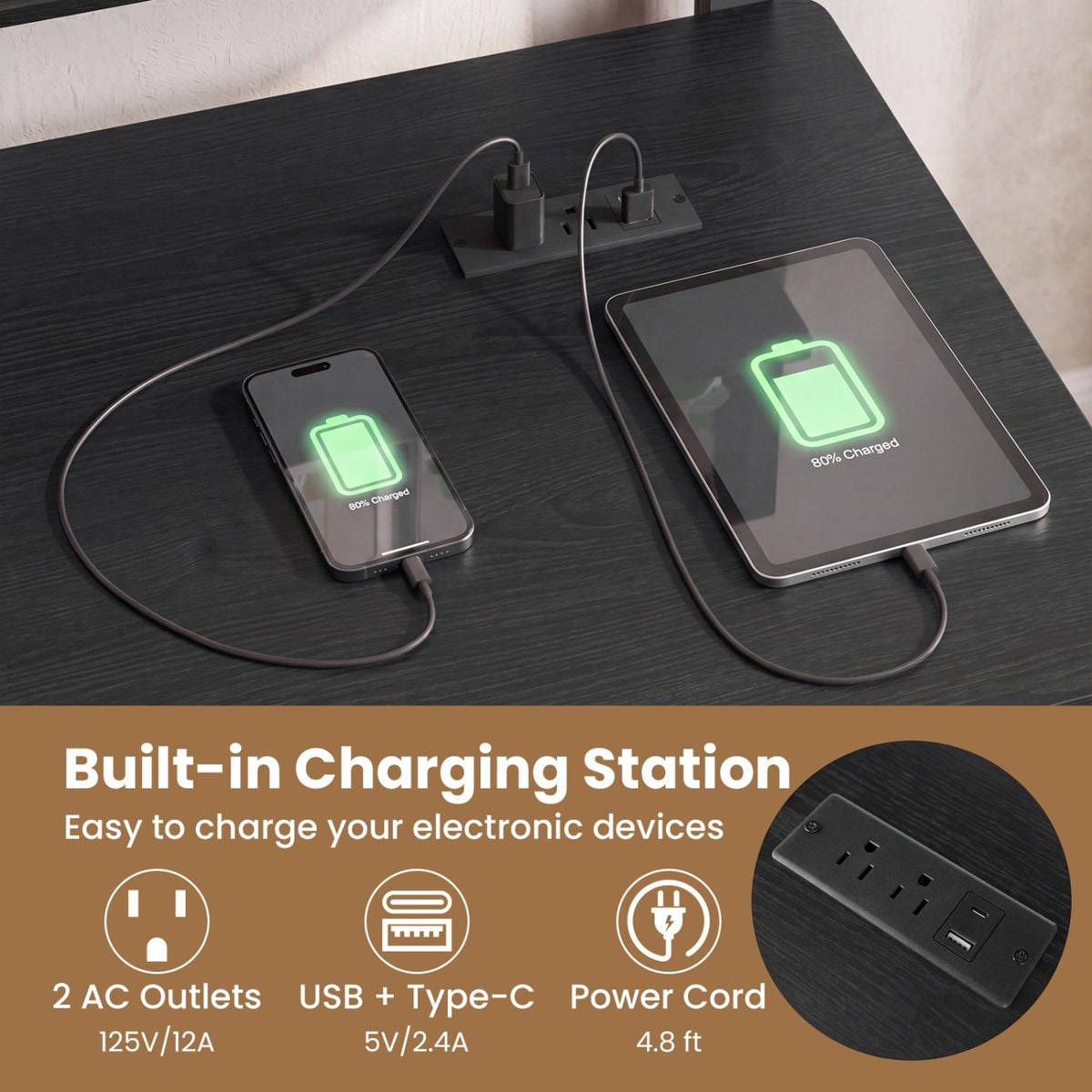 Rolling Computer Desk with Charging Station and Monitor Shelf Storage for Home Office-Black view 7