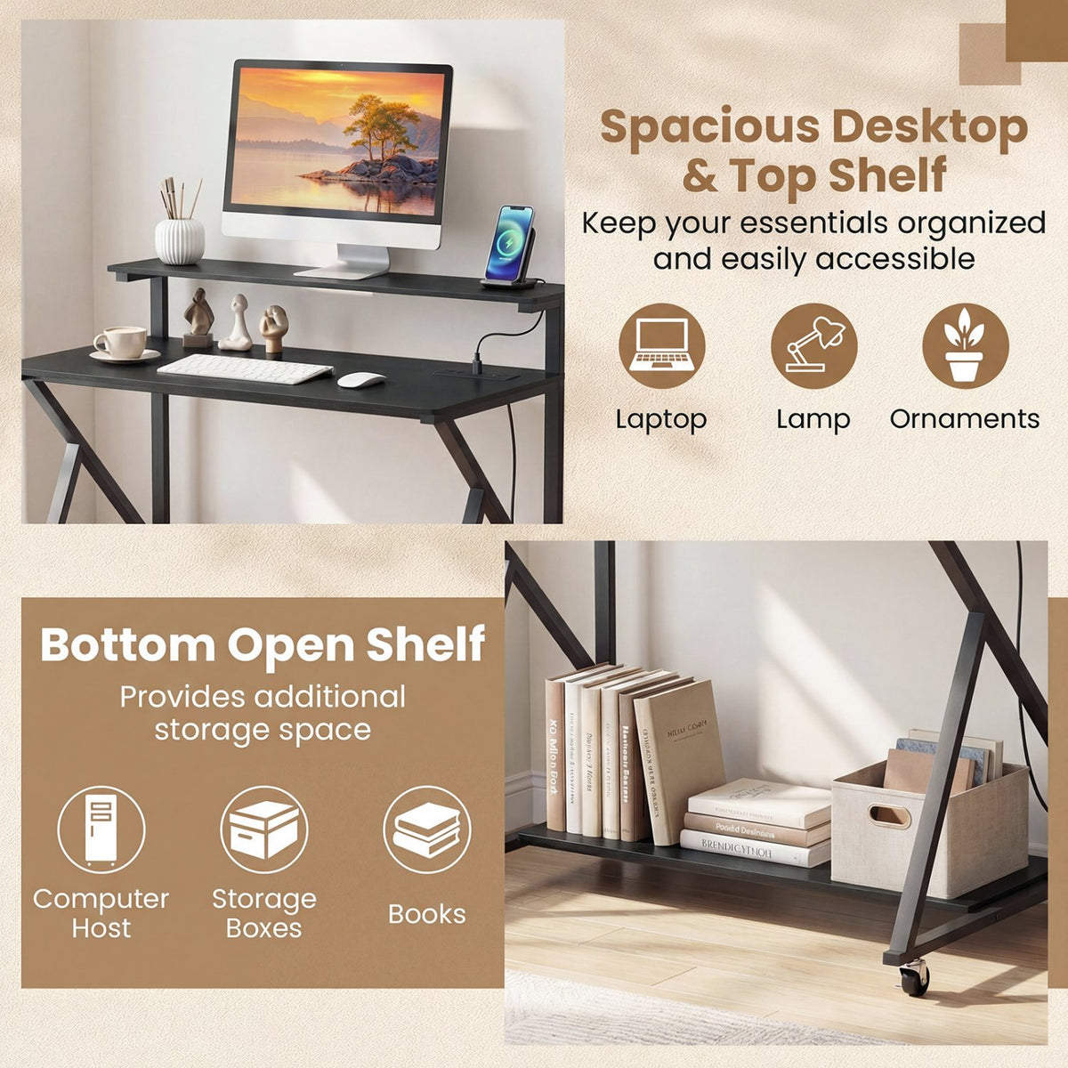 Rolling Computer Desk with Charging Station and Monitor Shelf Storage for Home Office-Black view 8