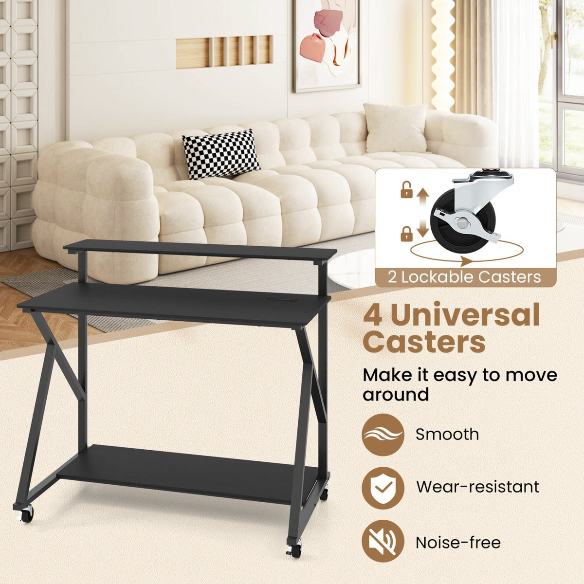 Rolling Computer Desk with Charging Station and Monitor Shelf Storage for Home Office-Black view 9