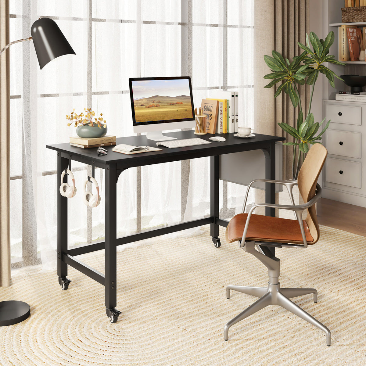 Rolling Computer Desk with Headphone Hooks and Lockable Wheels for Home Office-Black view 3