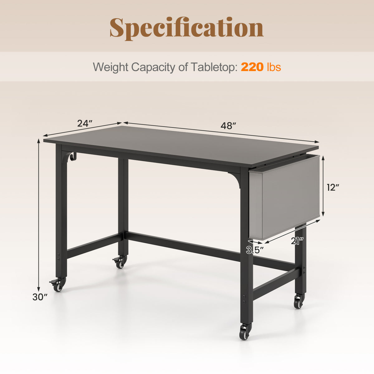 Rolling Computer Desk with Headphone Hooks and Lockable Wheels for Home Office-Black view 5