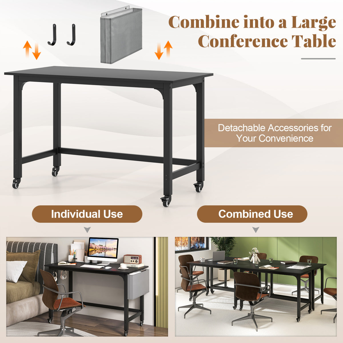 Rolling Computer Desk with Headphone Hooks and Lockable Wheels for Home Office-Black view 9
