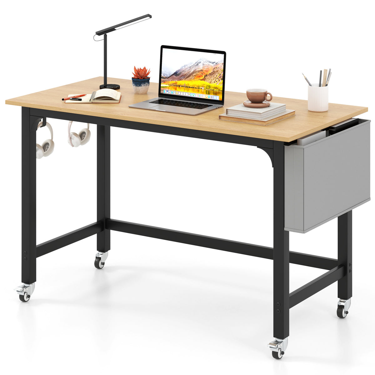 Rolling Computer Desk with Headphone Hooks and Lockable Wheels for Home Office-Natrual