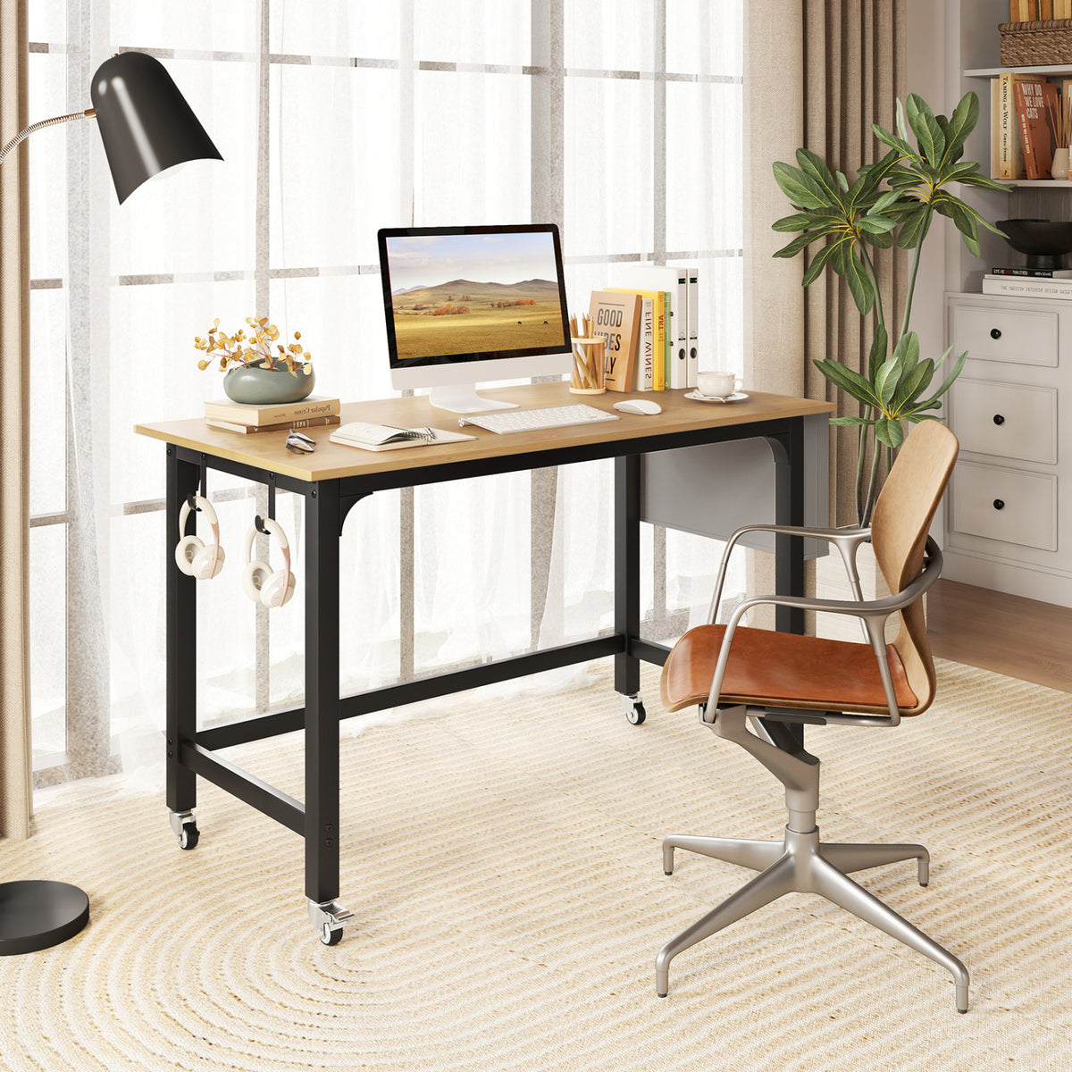 Rolling Computer Desk with Headphone Hooks and Lockable Wheels for Home Office-Natrual view 2