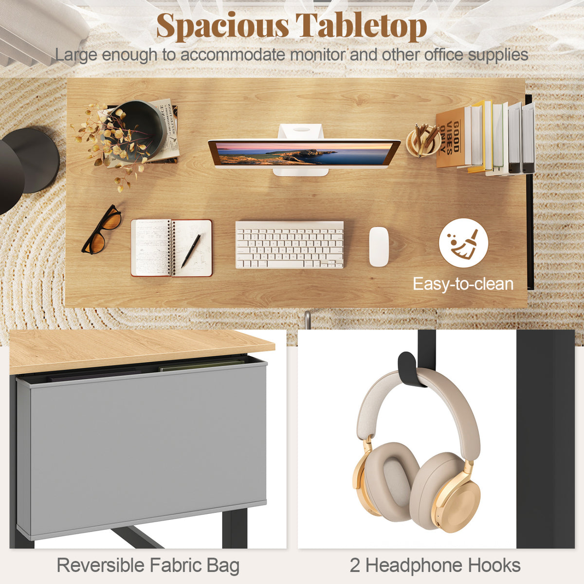 Rolling Computer Desk with Headphone Hooks and Lockable Wheels for Home Office-Natrual view 7