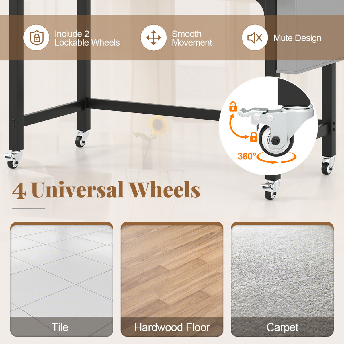 Rolling Computer Desk with Headphone Hooks and Lockable Wheels for Home Office-Natrual view 8