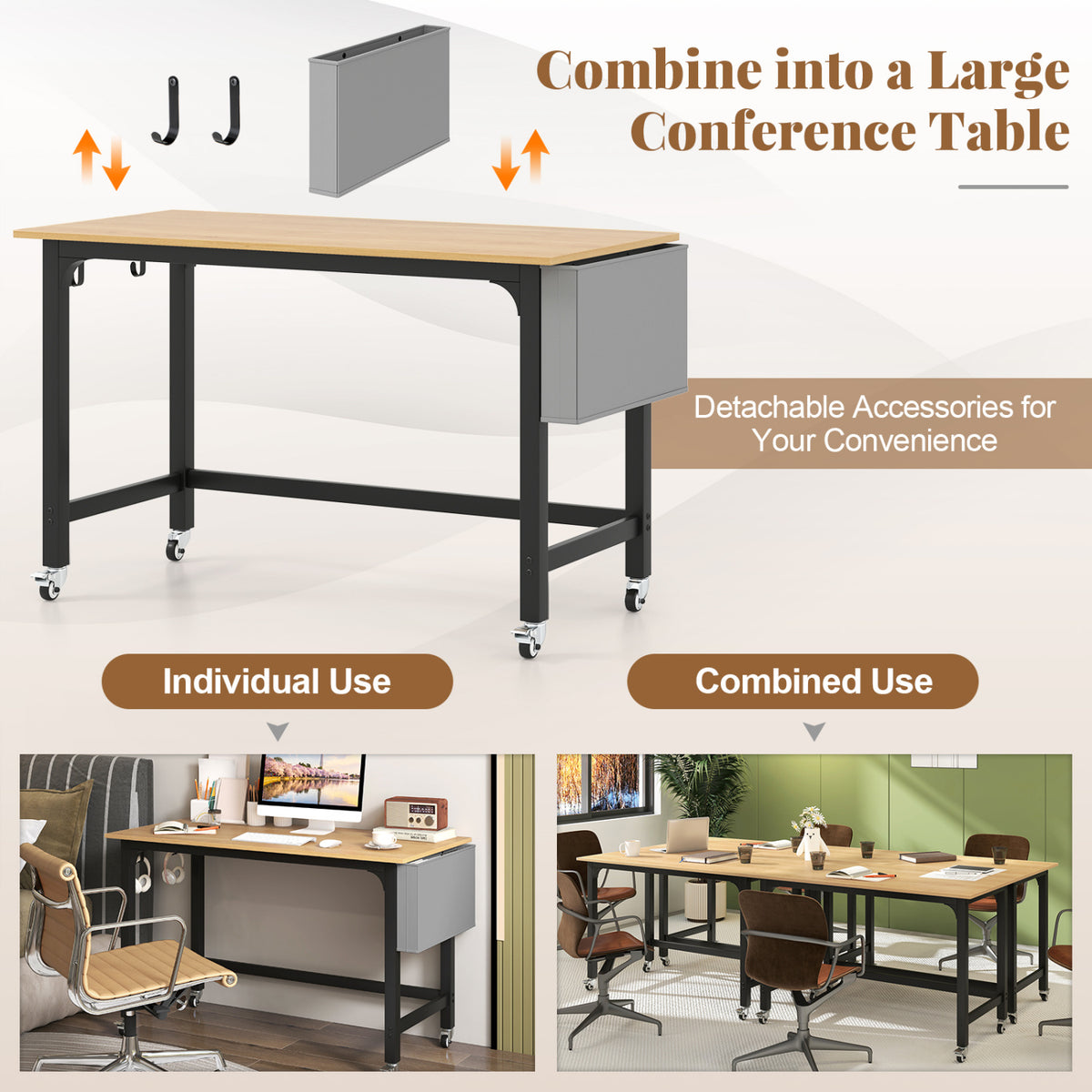 Rolling Computer Desk with Headphone Hooks and Lockable Wheels for Home Office-Natrual view 9