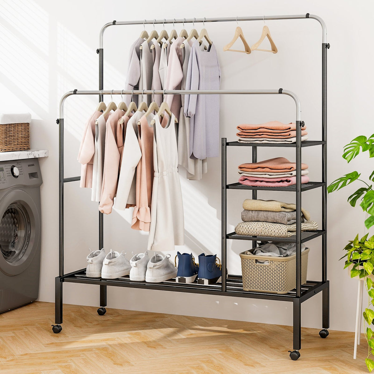 Rolling Double Rods Garment Rack with Height Adjustable Hanging Bars-Silver view 2