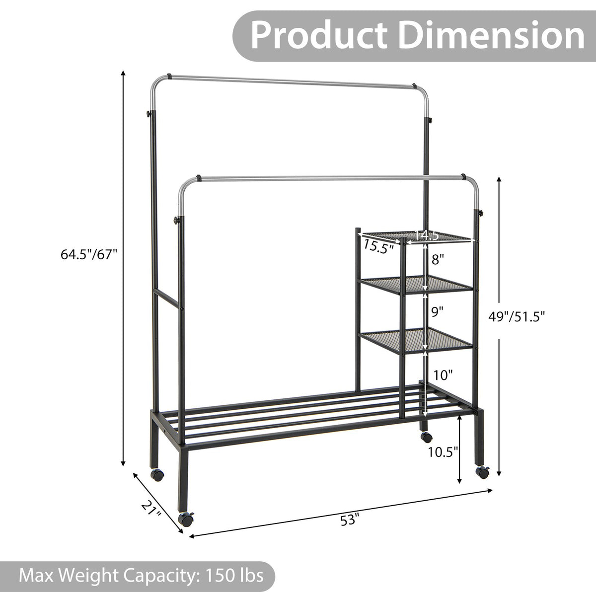 Rolling Double Rods Garment Rack with Height Adjustable Hanging Bars-Silver view 5