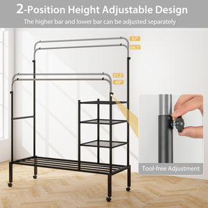 Rolling Double Rods Garment Rack with Height Adjustable Hanging Bars-Silver view 6