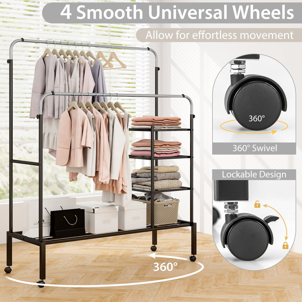 Rolling Double Rods Garment Rack with Height Adjustable Hanging Bars-Silver view 8
