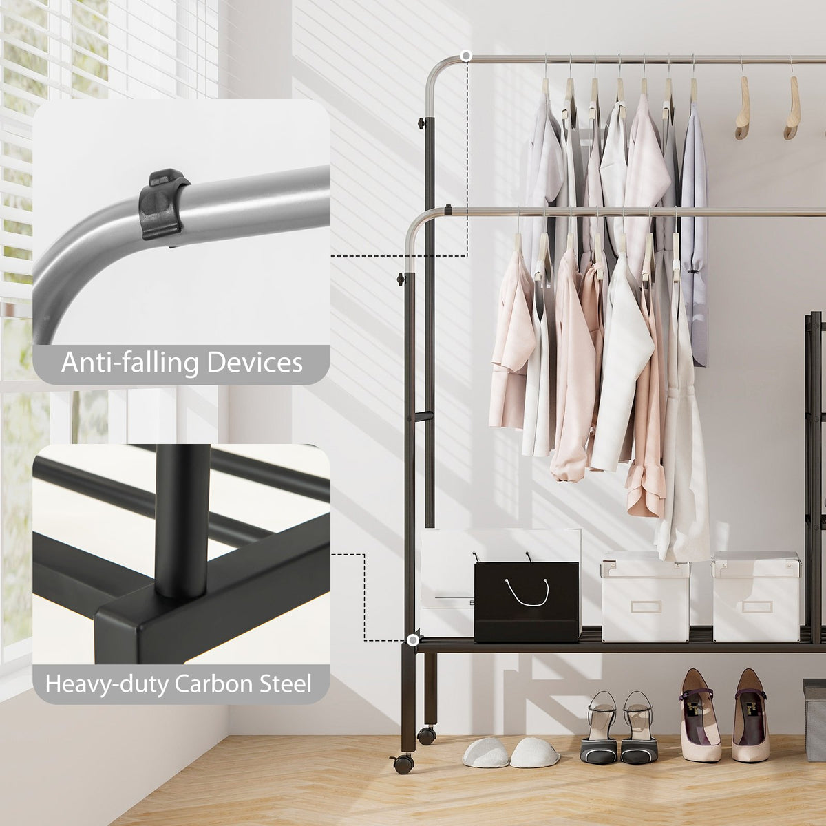 Rolling Double Rods Garment Rack with Height Adjustable Hanging Bars-Silver view 9