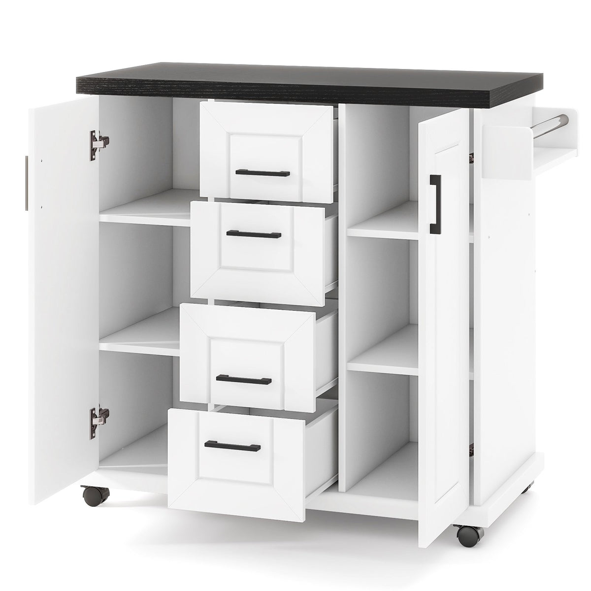Rolling Kitchen Island Cart on Wheels with Storage Cabinets-White