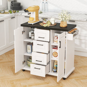 Rolling Kitchen Island Cart on Wheels with Storage Cabinets-White view 3