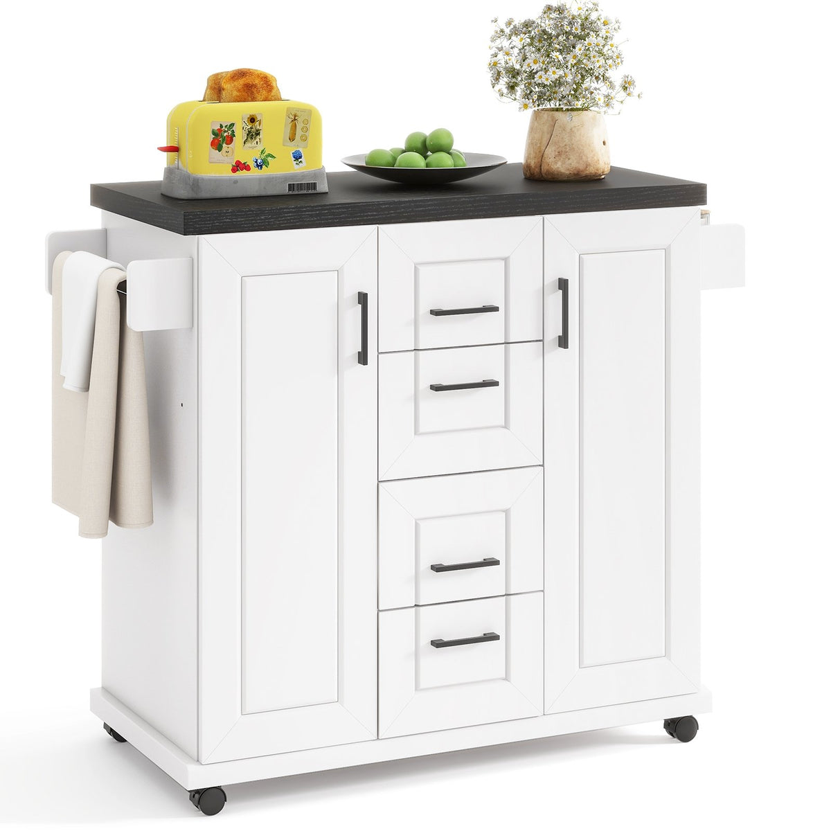 Rolling Kitchen Island Cart on Wheels with Storage Cabinets-White view 4