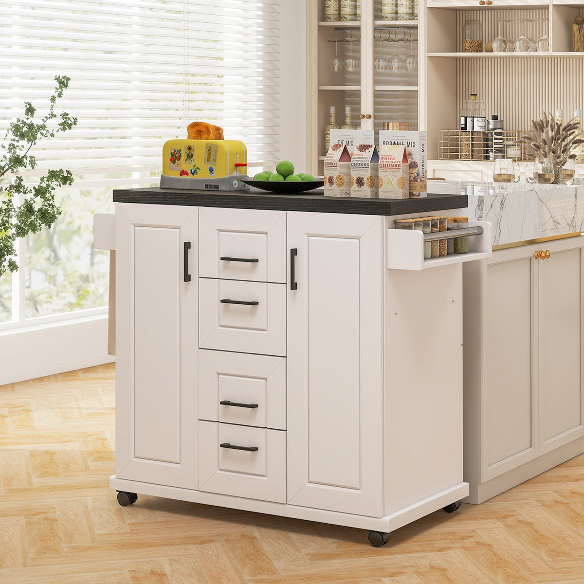 Rolling Kitchen Island Cart on Wheels with Storage Cabinets-White view 6