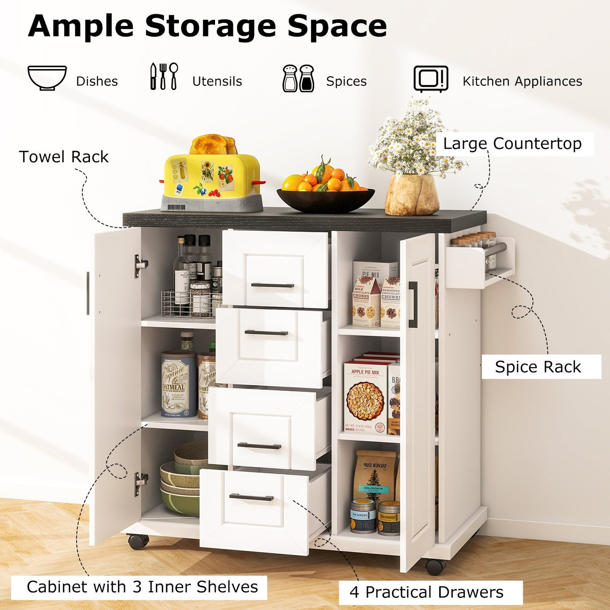 Rolling Kitchen Island Cart on Wheels with Storage Cabinets-White view 7