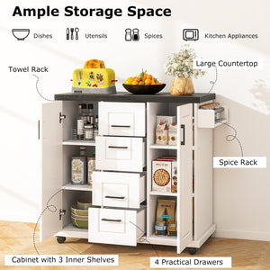 Rolling Kitchen Island Cart on Wheels with Storage Cabinets-White view 7