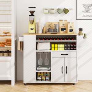 Rolling Kitchen Island Cart with Power Outlet for Dining Room-White and Natural view 2