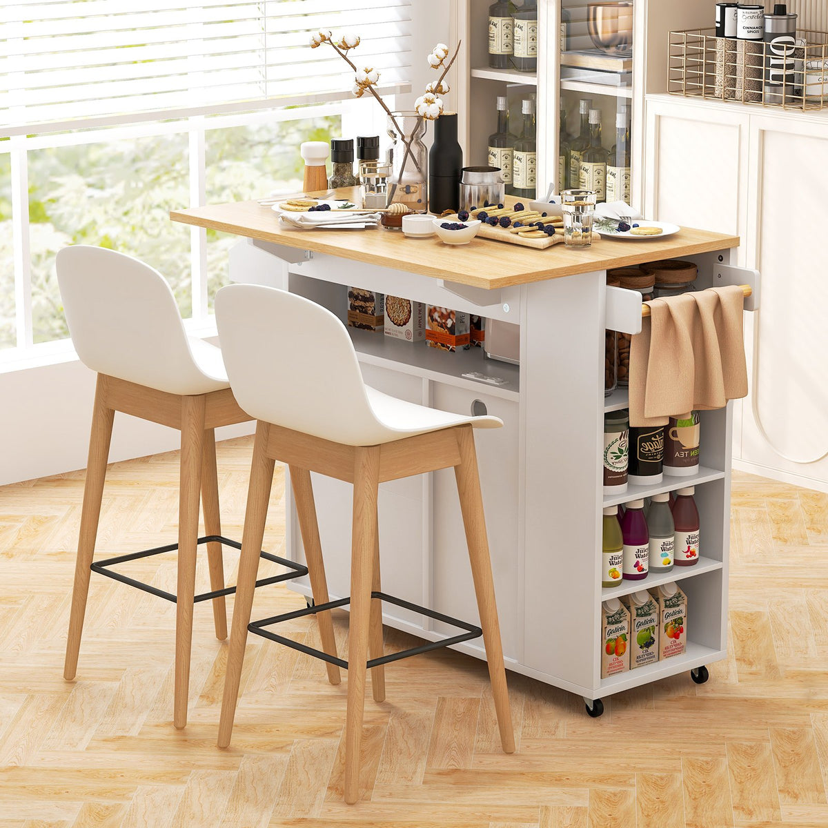 Rolling Kitchen Island Cart with Power Outlet for Dining Room-White and Natural view 3