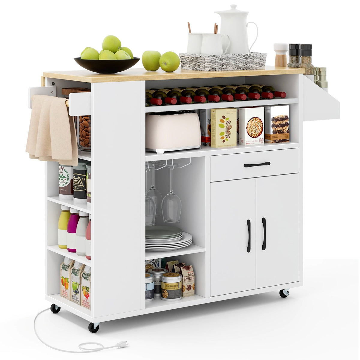 Rolling Kitchen Island Cart with Power Outlet for Dining Room-White and Natural view 4