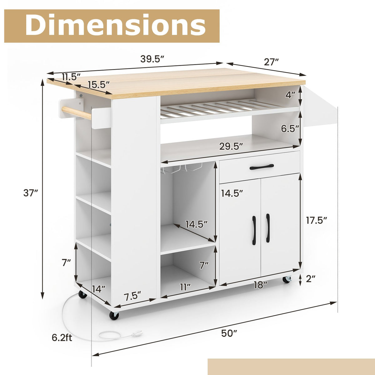 Rolling Kitchen Island Cart with Power Outlet for Dining Room-White and Natural view 5