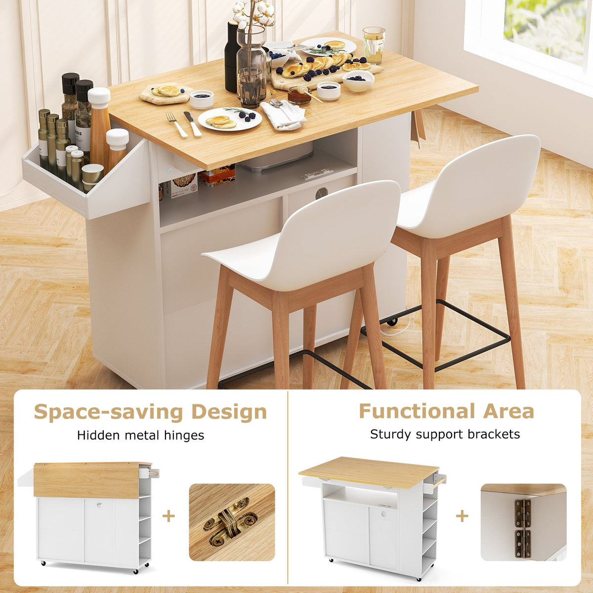 Rolling Kitchen Island Cart with Power Outlet for Dining Room-White and Natural view 6