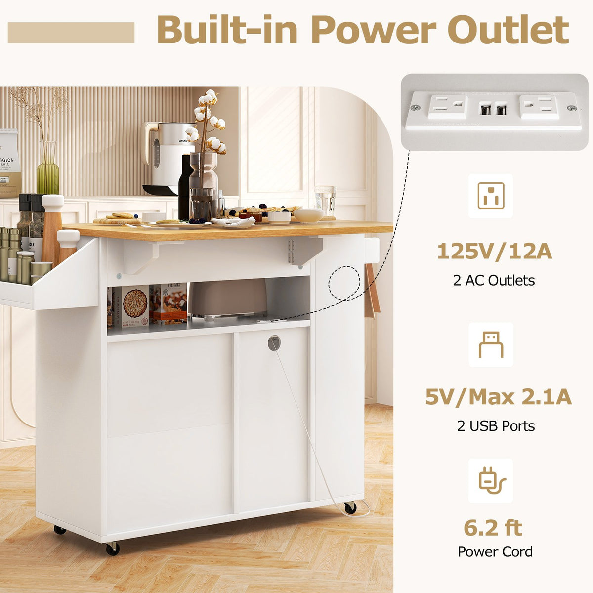 Rolling Kitchen Island Cart with Power Outlet for Dining Room-White and Natural view 7