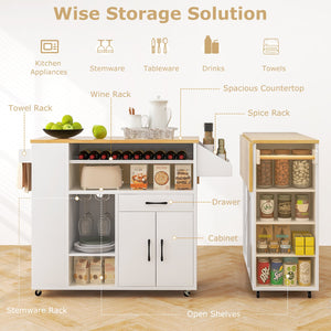Rolling Kitchen Island Cart with Power Outlet for Dining Room-White and Natural view 8