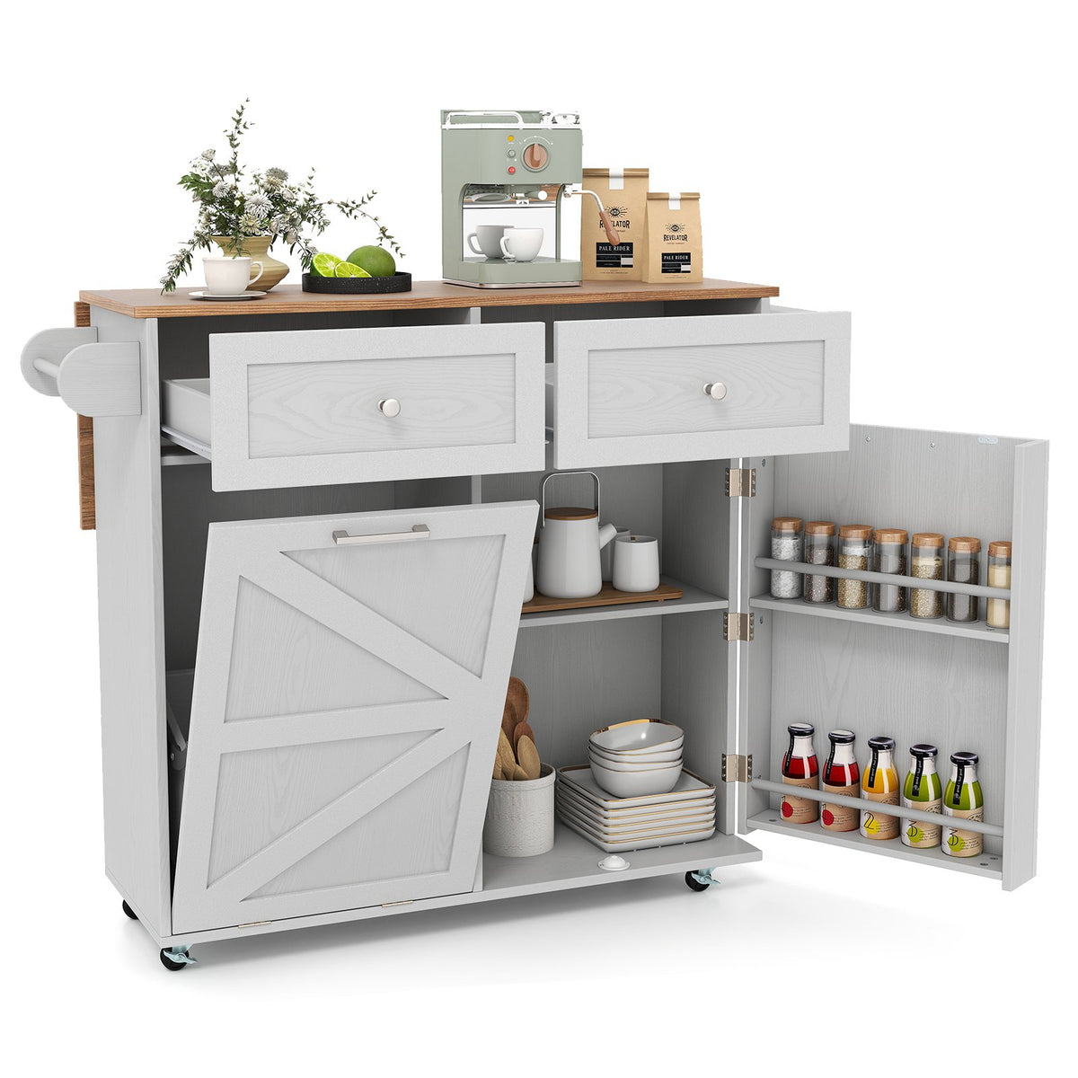 Rolling Kitchen Island with Trash Can Cabinet and Rubber Universal Wheels-Grey