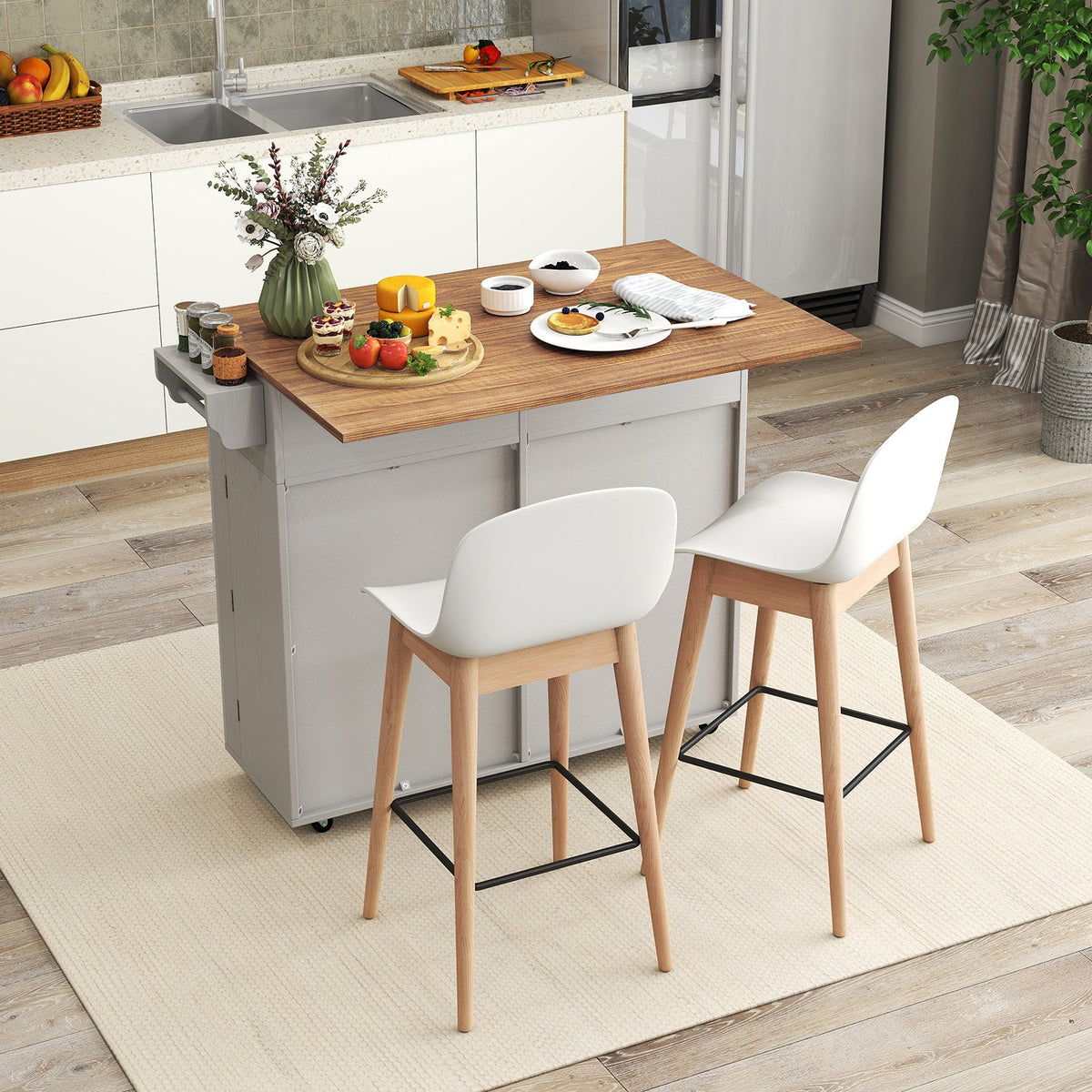 Rolling Kitchen Island with Trash Can Cabinet and Rubber Universal Wheels-Grey view 3