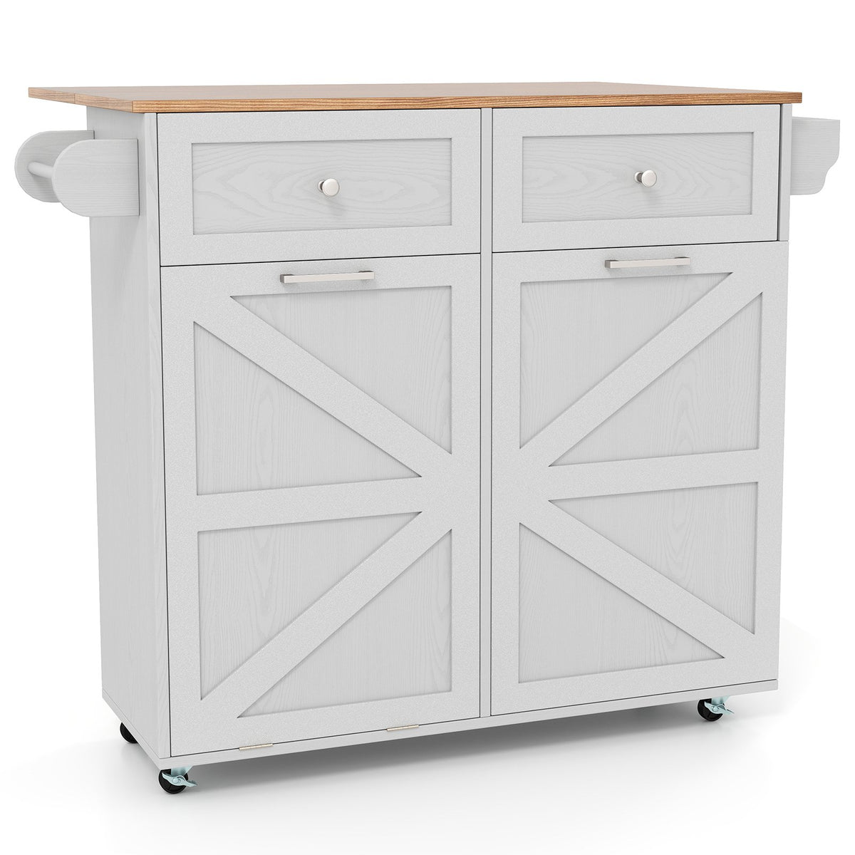 Rolling Kitchen Island with Trash Can Cabinet and Rubber Universal Wheels-Grey view 4