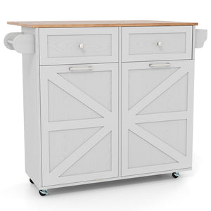 Rolling Kitchen Island with Trash Can Cabinet and Rubber Universal Wheels-Grey view 4