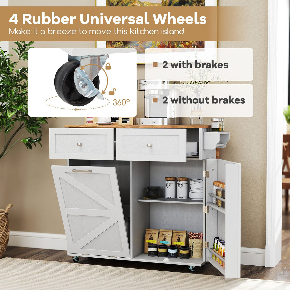 Rolling Kitchen Island with Trash Can Cabinet and Rubber Universal Wheels-Grey view 8