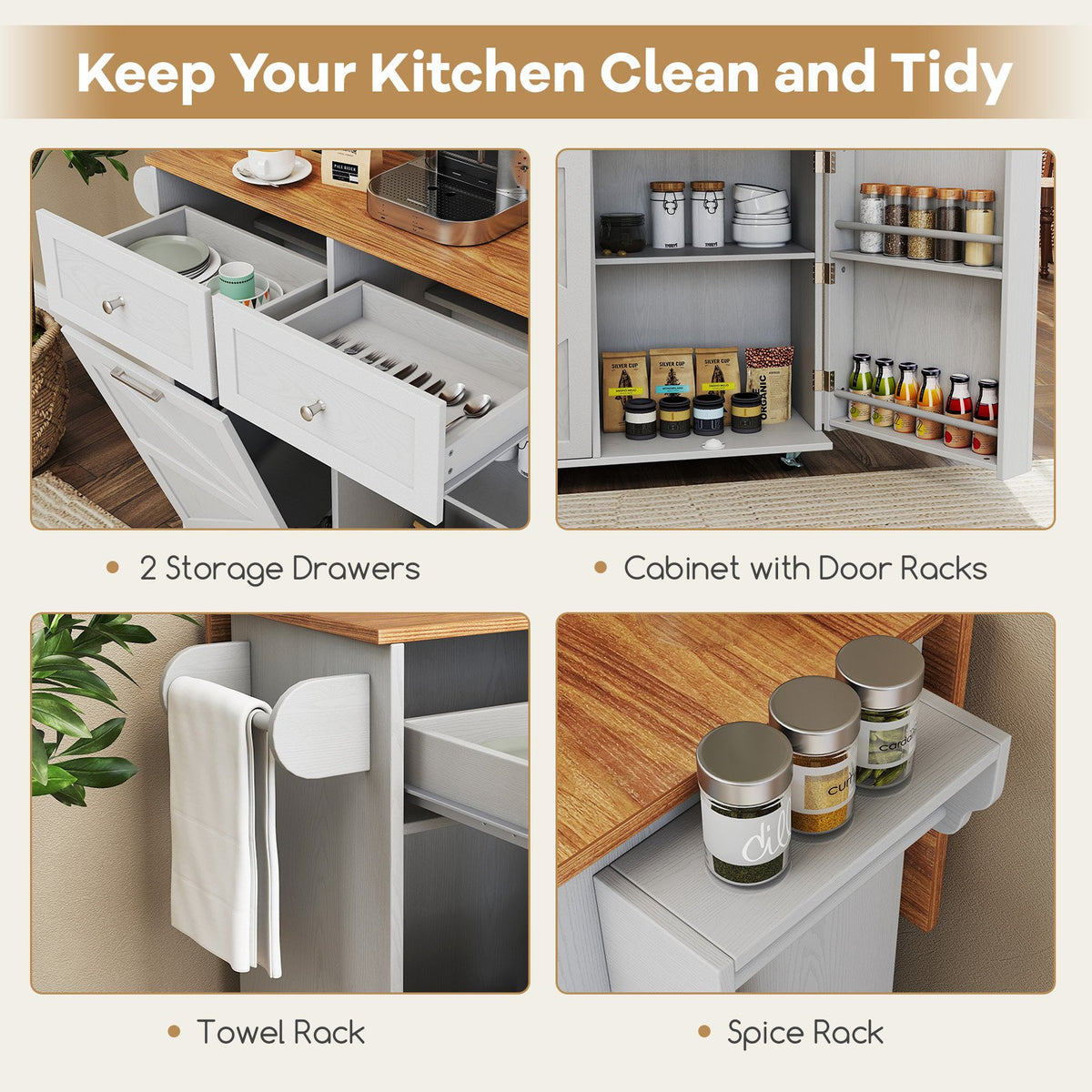 Rolling Kitchen Island with Trash Can Cabinet and Rubber Universal Wheels-Grey view 9