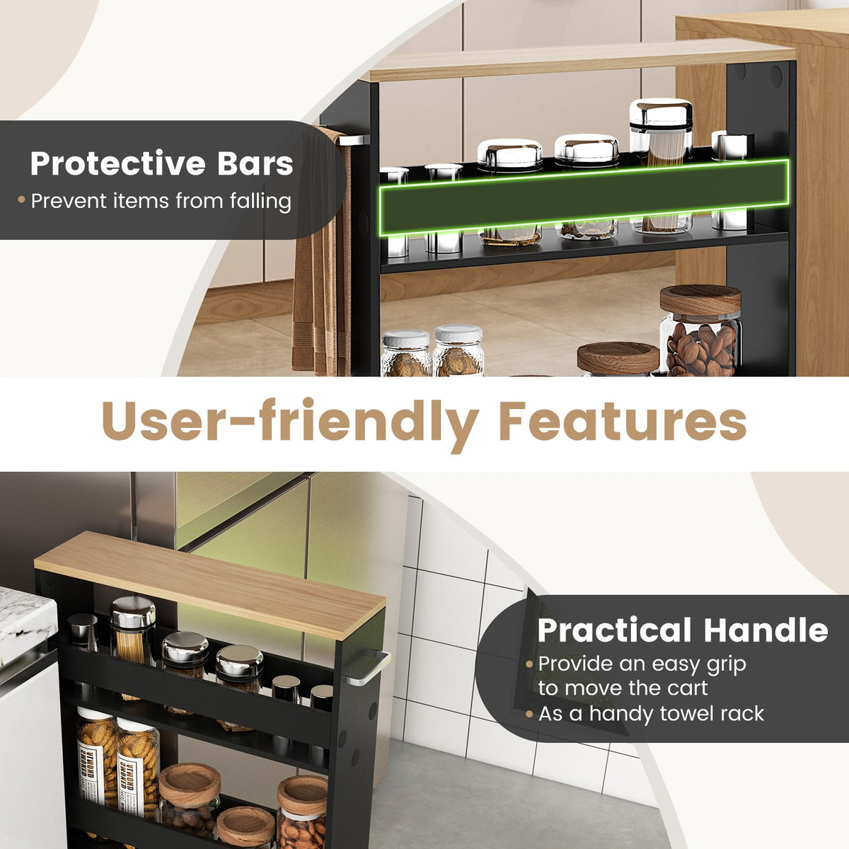 Rolling Kitchen Slim Storage Cart Mobile Shelving Organizer with Handle-Black view 7