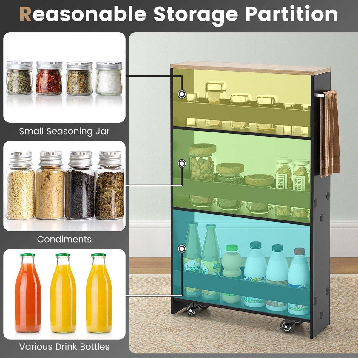 Rolling Kitchen Slim Storage Cart Mobile Shelving Organizer with Handle-Black view 9