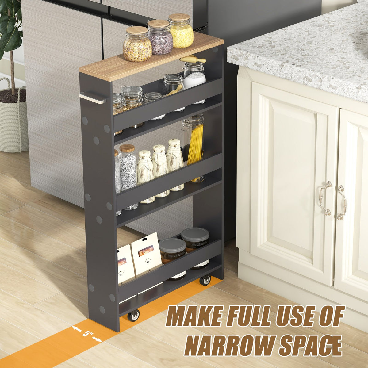 Rolling Kitchen Slim Storage Cart Mobile Shelving Organizer with Handle-Gray view 6