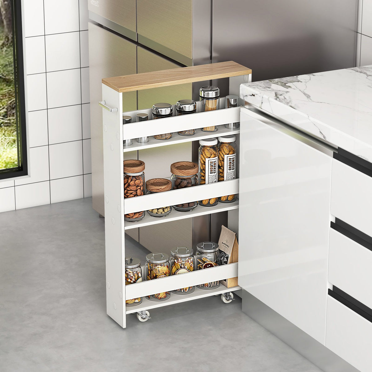 Rolling Kitchen Slim Storage Cart Mobile Shelving Organizer with Handle-White view 2