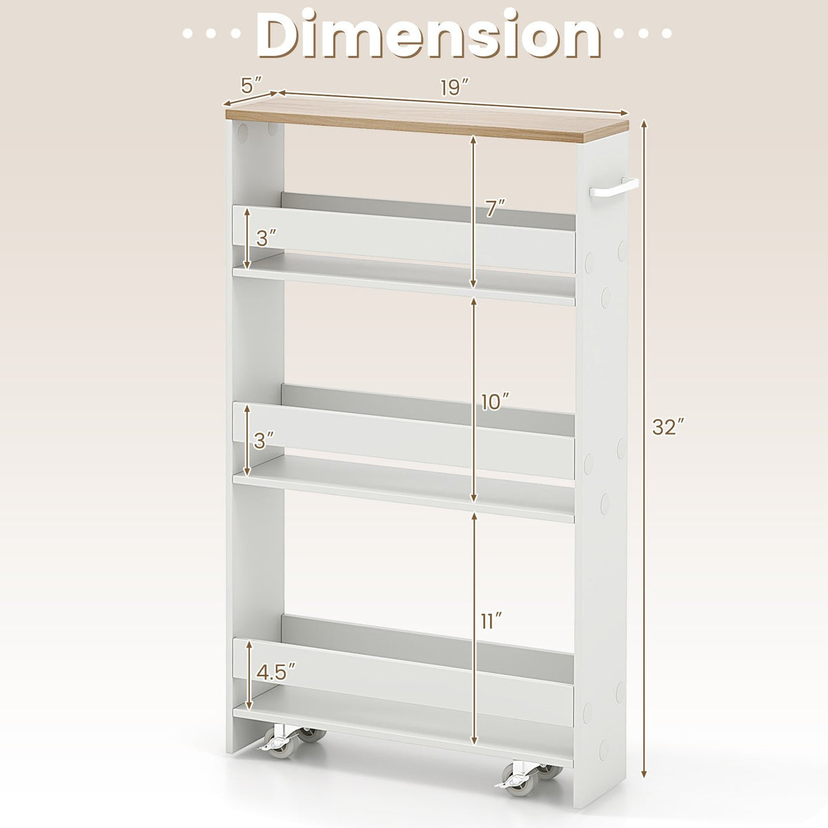 Rolling Kitchen Slim Storage Cart Mobile Shelving Organizer with Handle-White view 5