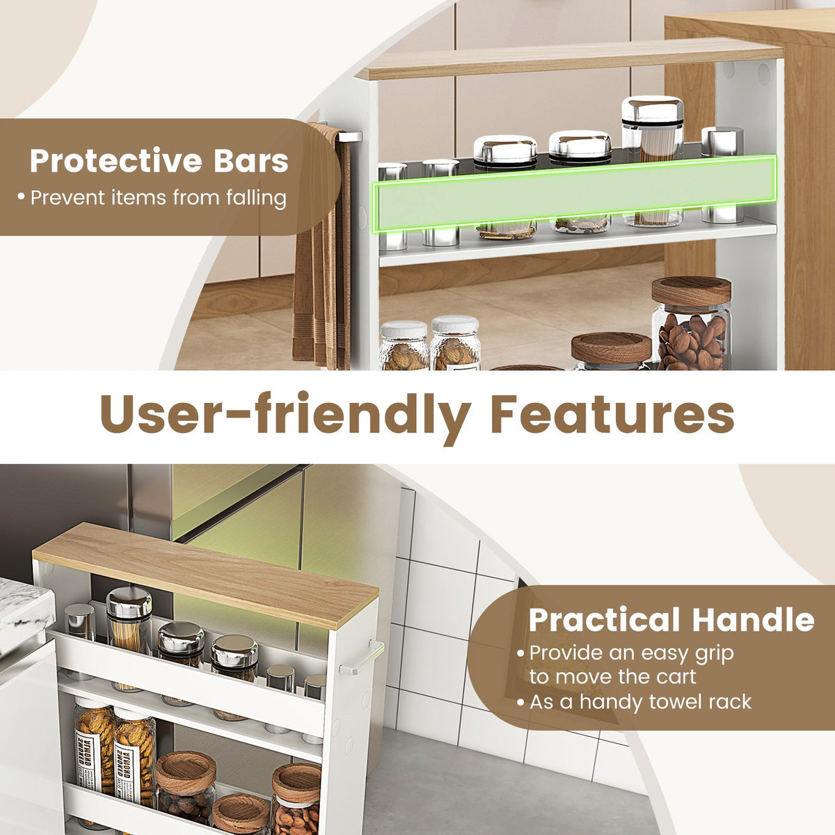 Rolling Kitchen Slim Storage Cart Mobile Shelving Organizer with Handle-White view 7