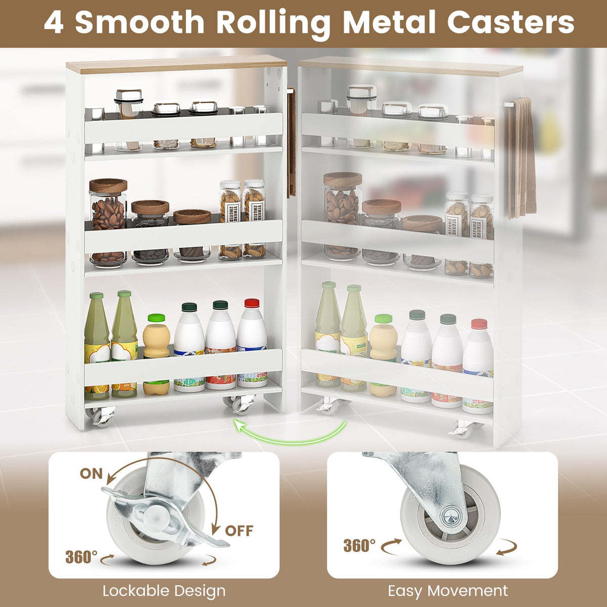 Rolling Kitchen Slim Storage Cart Mobile Shelving Organizer with Handle-White view 8