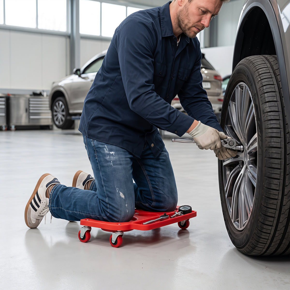 Rolling Knee Creeper with 360° Swivel Casters Lightweight Kneeling Pads-Red view 2