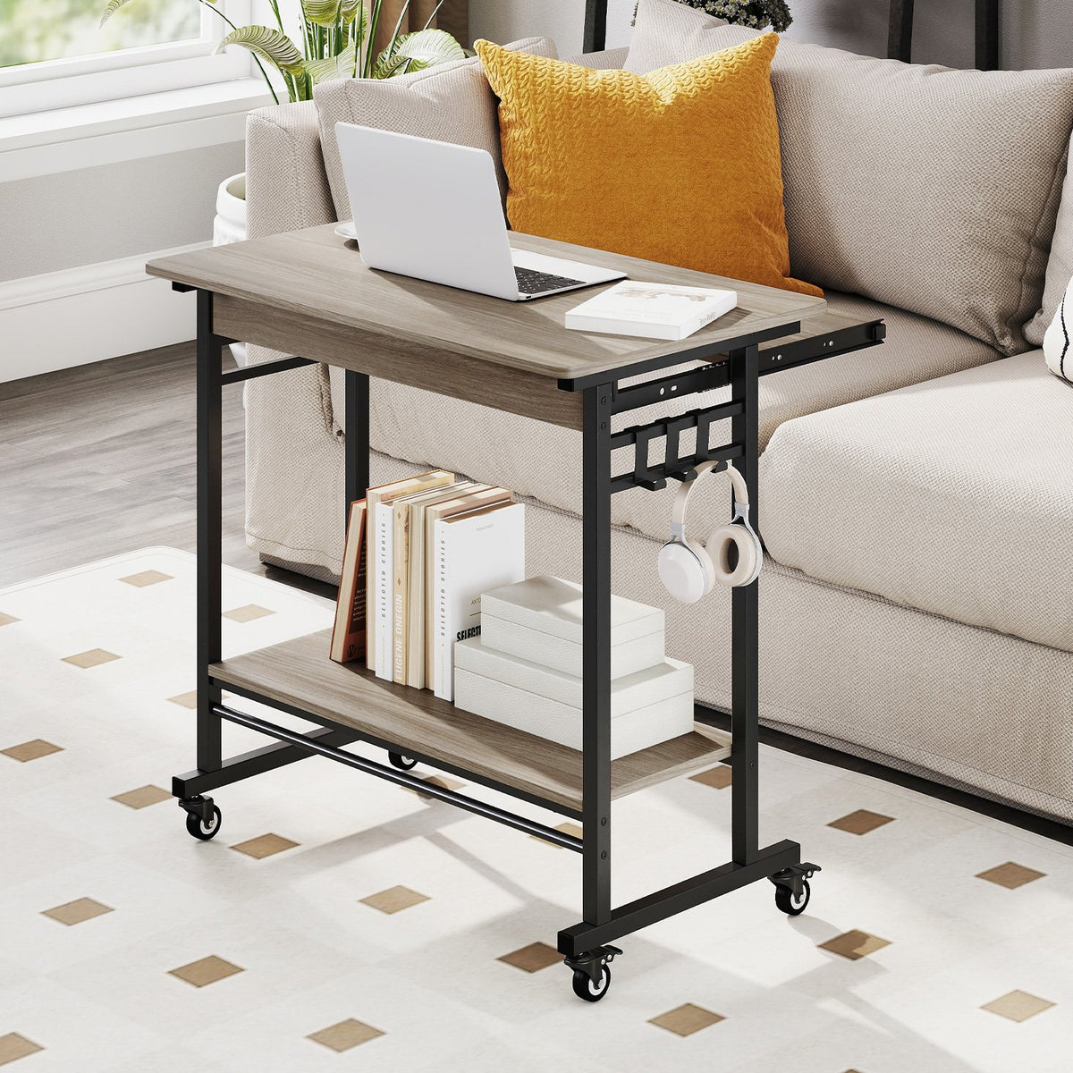 Rolling Laptop Table with Pull-out Keyboard Tray and Hooks-Grey view 2
