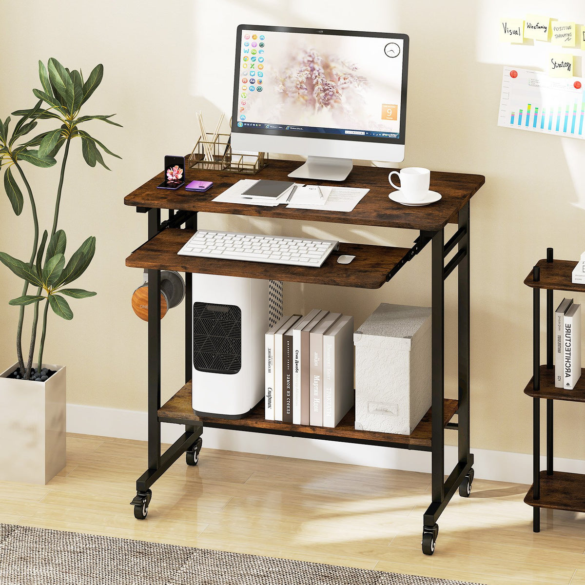 Rolling Laptop Table with Pull-out Keyboard Tray and Hooks-Rustic Brown view 2