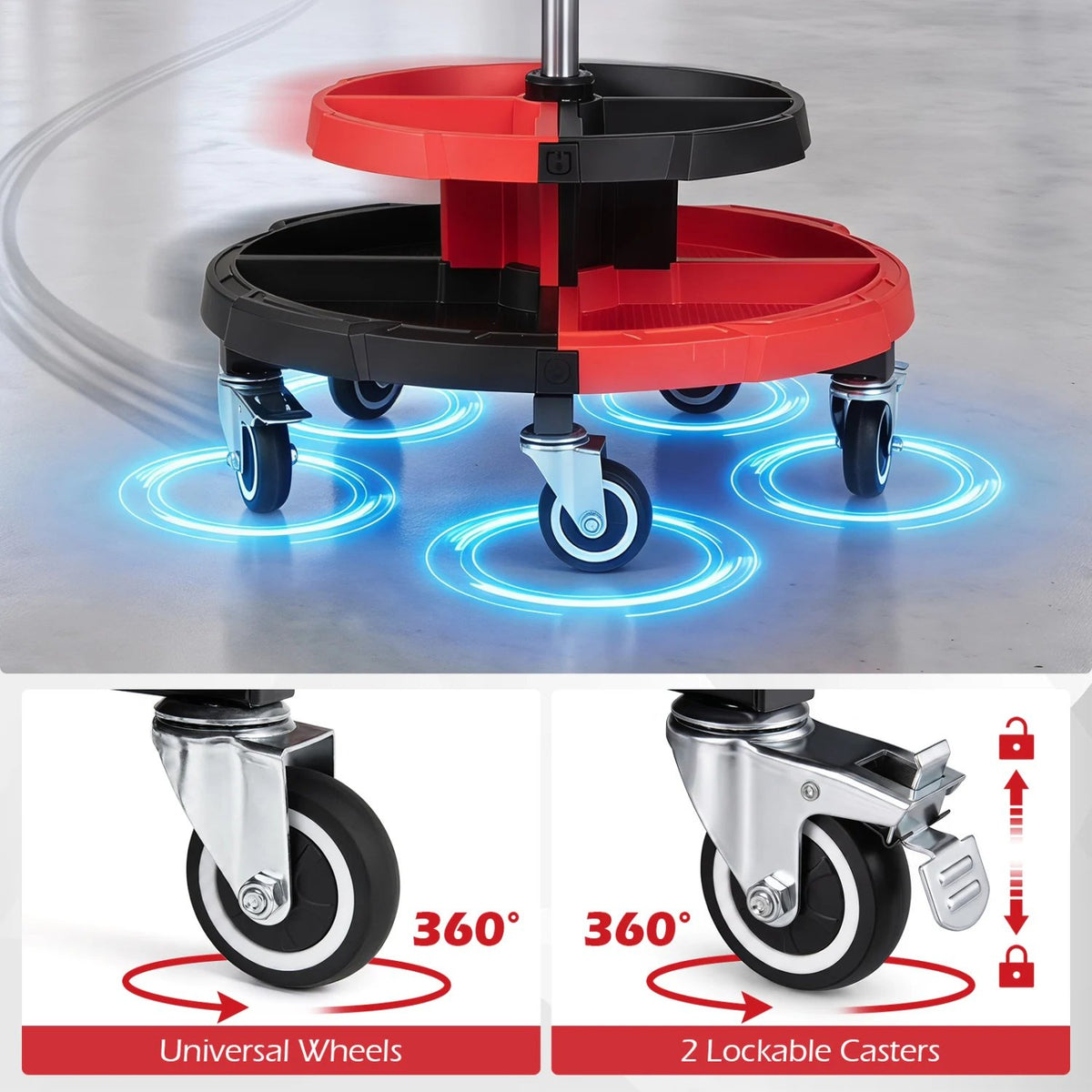 Rolling Mechanic Stool with Cushioned Seat and 5 Wheels 330 LBS-Red view 8