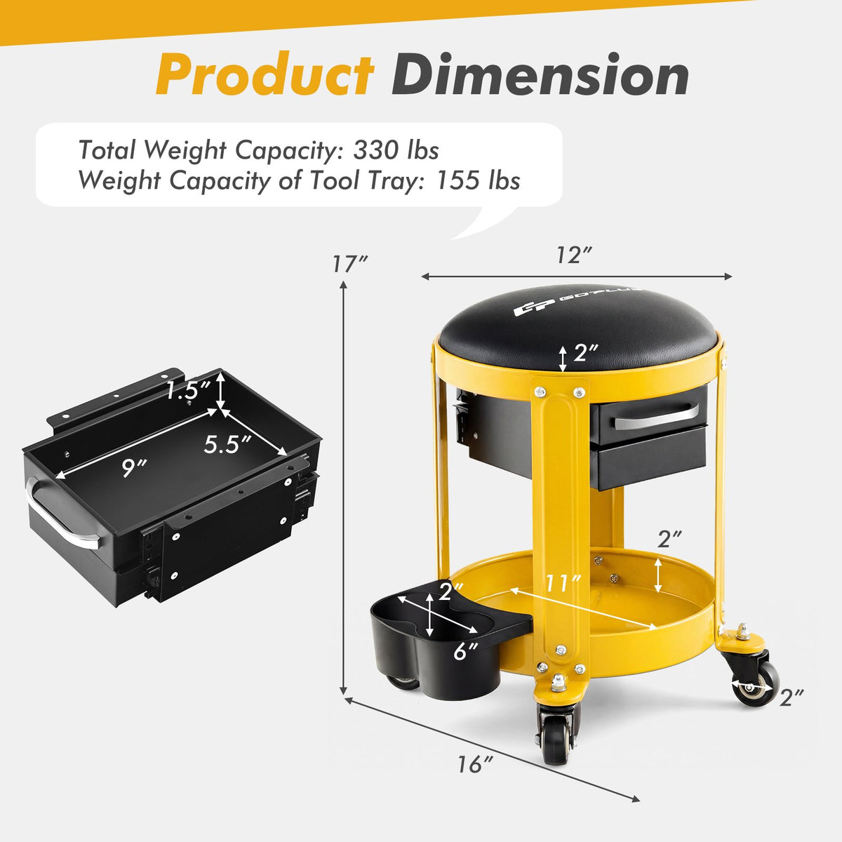 Rolling Mechanic Stool with Removable Padded Seat and Drawers-Yellow view 5