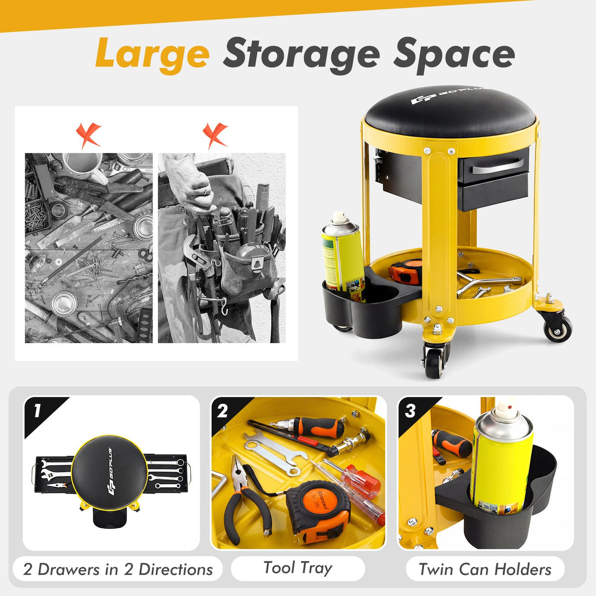 Rolling Mechanic Stool with Removable Padded Seat and Drawers-Yellow view 6