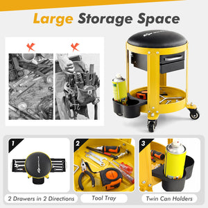 Rolling Mechanic Stool with Removable Padded Seat and Drawers-Yellow view 6