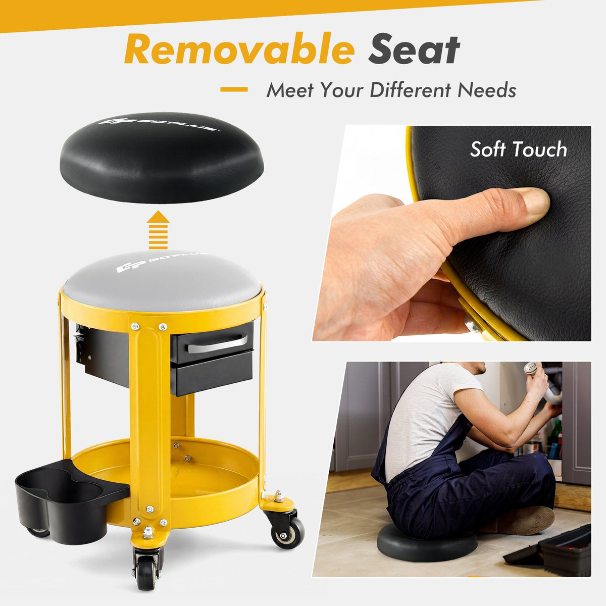 Rolling Mechanic Stool with Removable Padded Seat and Drawers-Yellow view 7